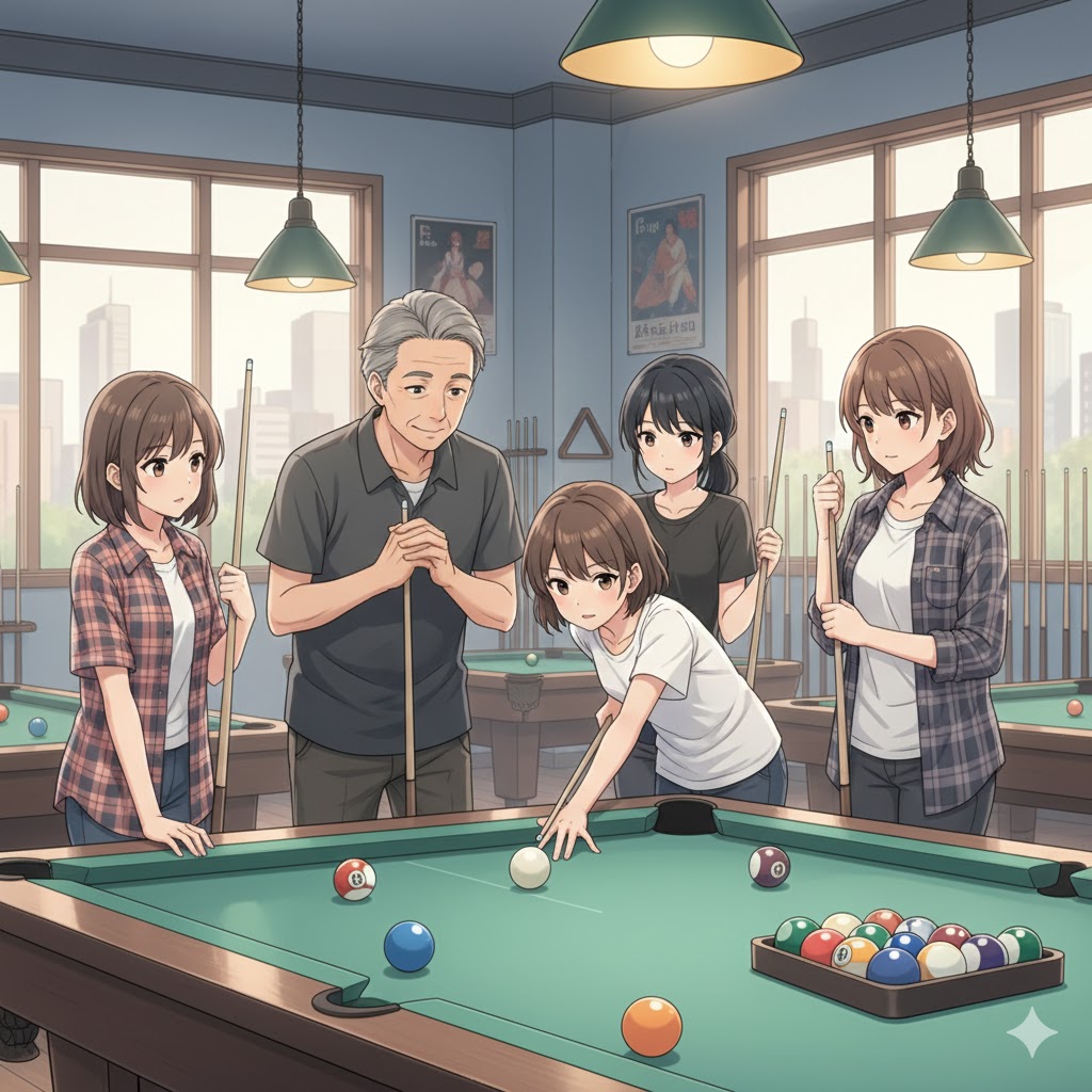 みんなでビリヤードをプレーするイラスト